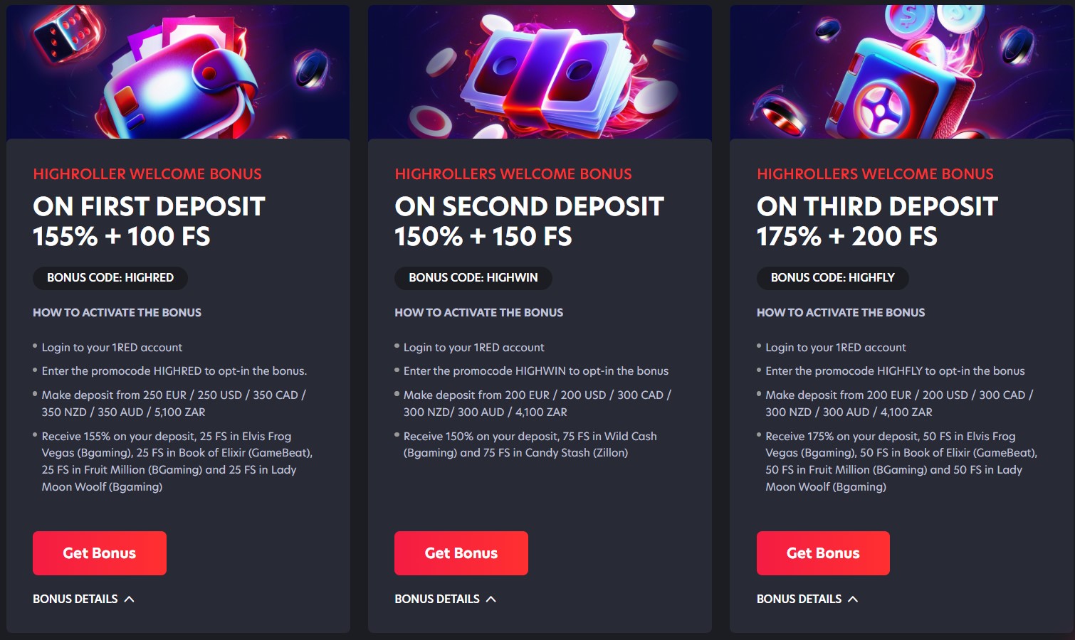 1Red Casino Welcome bonuses